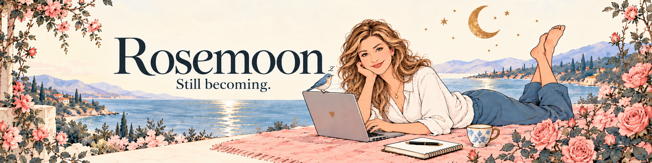 Rosemoon banner with woman working by seaside